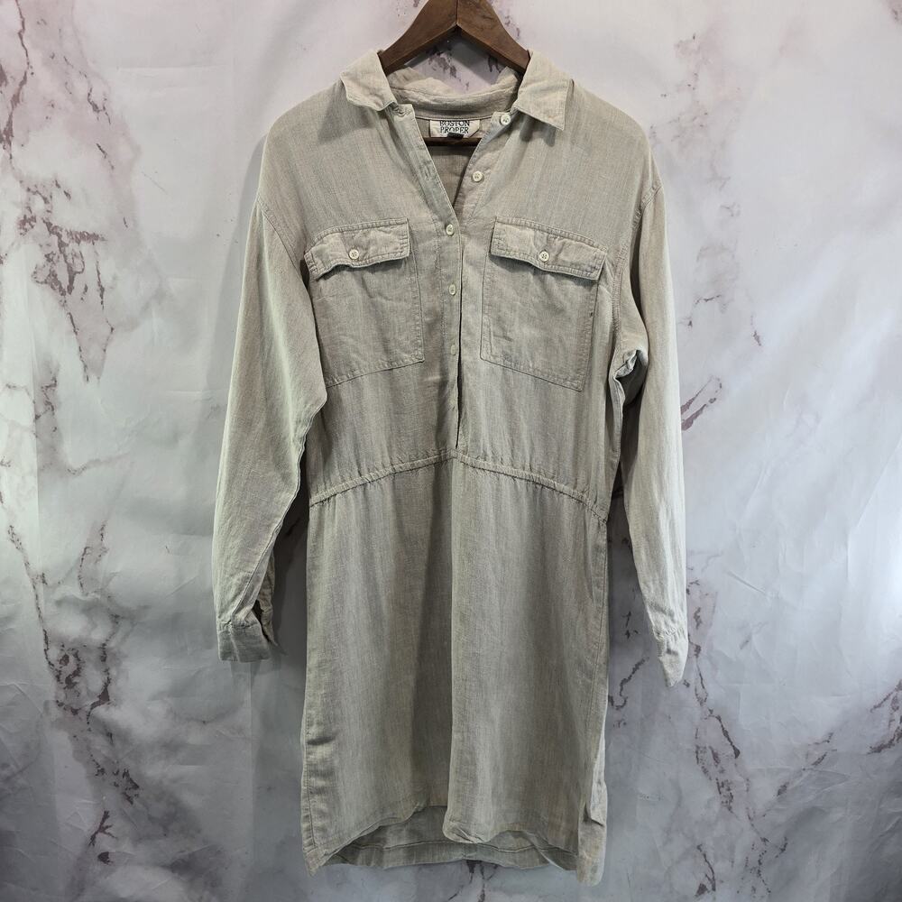 Boston Proper Shirt Dress Womens Medium Beige Long Linen Collar Button Safari